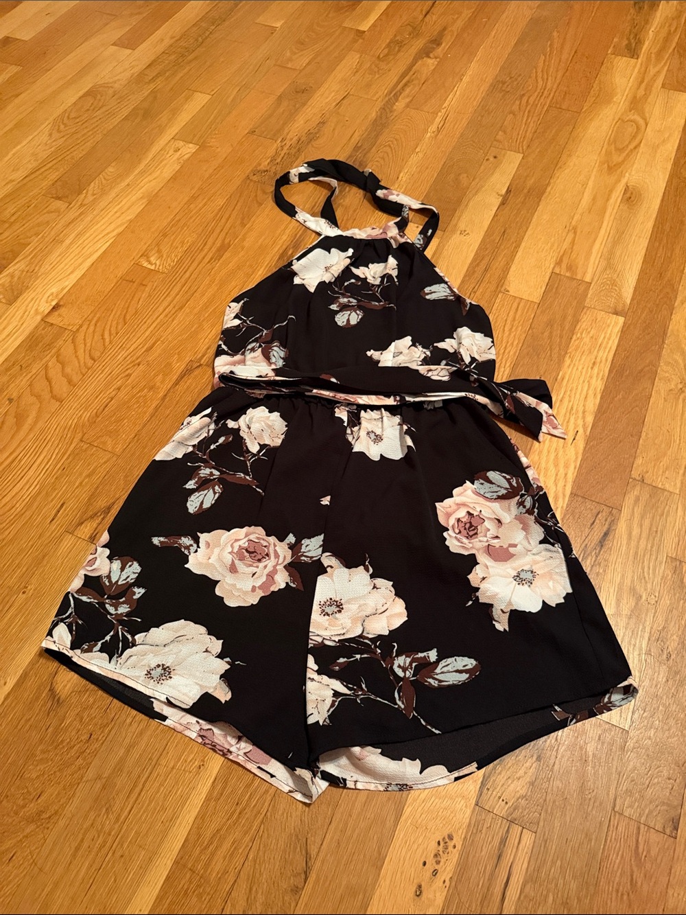 SHEIN Black Halter Floral Romper with Pink and Cream Roses